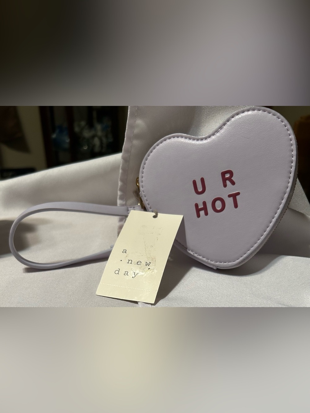 a new day Lavender Heart Wristlet/Coin Purse with Maroon Lettering